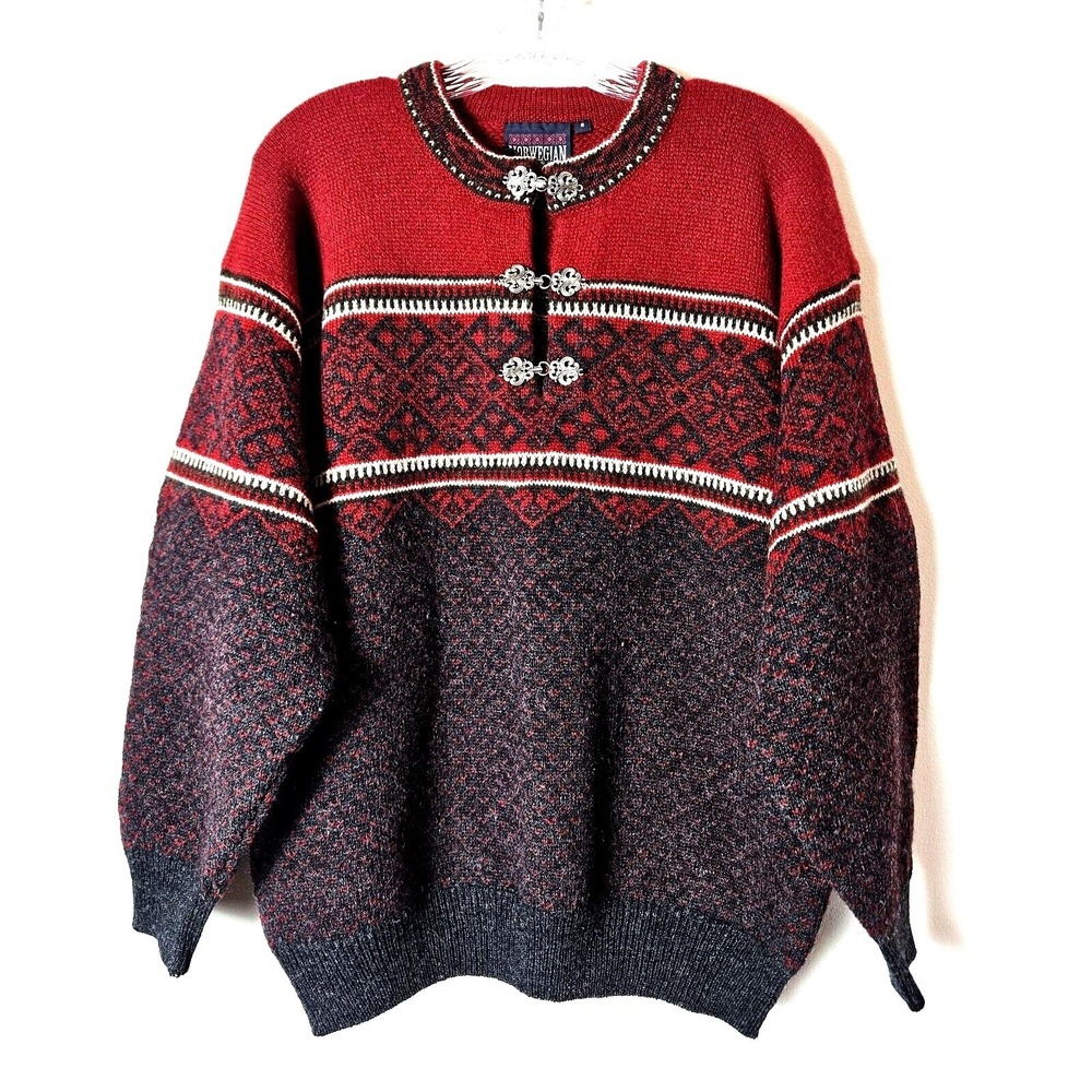 Norwegian Designs Red Nordic Fair Isle Wool Blend Clasp Sweater Size M Vintage